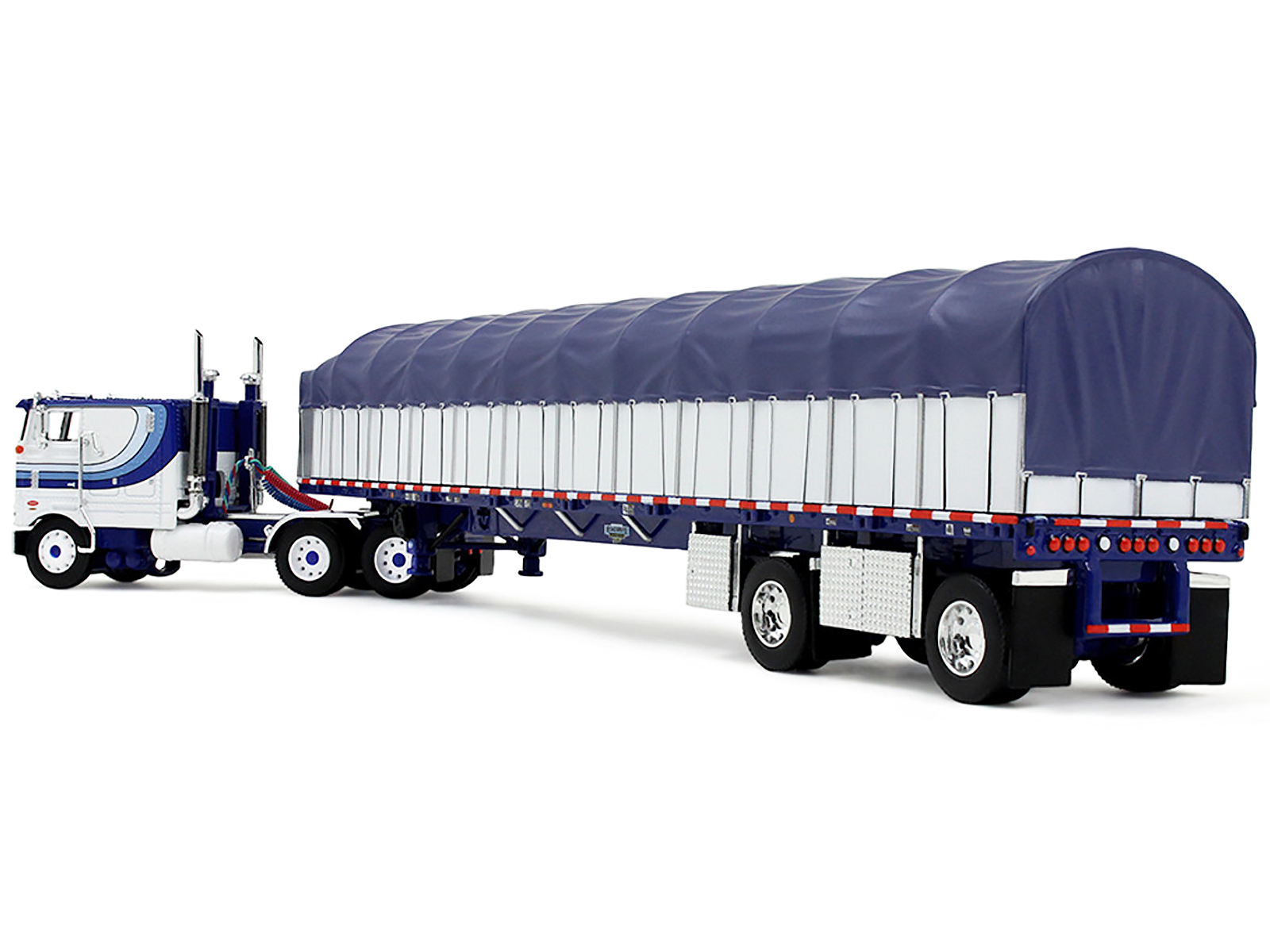 Peterbilt 352 COE 110" Sleeper and 53’ Wilson Roadbrute Flatbed Trailer with Covered Wagon White with Blue Stripes 1/64 Diecast Model by DCP/First Gear - Image 4