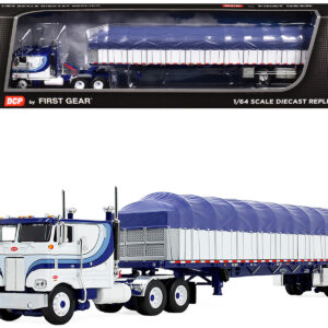 Peterbilt 352 COE 110" Sleeper and 53â€™ Wilson Roadbrute Flatbed Trailer with Covered Wagon White with Blue Stripes 1/64 Diecast Model by DCP/First Gear