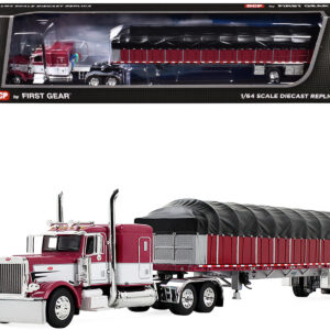 Peterbilt 389 with 63" Flat Top Sleeper and 53â€™ Wilson Roadbrute Flatbed Trailer with Covered Wagon Maroon with White Stripes 1/64 Diecast Model by DCP/First Gear