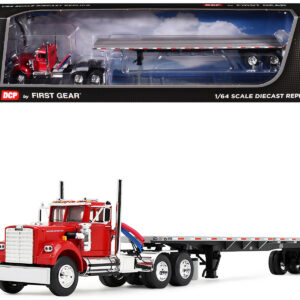 White Western Star 4900 Day Cab with 48â€™ Utility Flatbed Trailer Viper Red 1/64 Diecast Model by DCP/First Gear