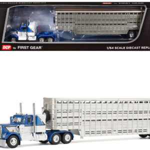 Kenworth W900A with 36" Sleeper and 45' Wilson Vintage Livestock Trailer Mariner Blue and White with Silver Trailer 1/64 Diecast Model by DCP/First Gear