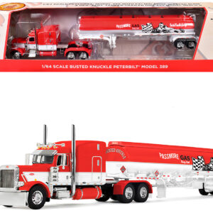 Peterbilt 389 with 63" Mid-Roof Sleeper and Heil Fuel Tank Trailer "Busted Knuckle Garage" Red and White 1/64 Diecast Model by DCP/First Gear