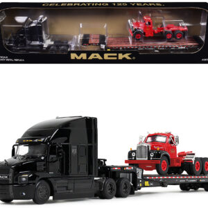 Mack Anthem Sleeper and Landoll 440B-50CA Traveling Axle Trailer Black with Mack B-61 Day Cab Load Red "Mack Anniversary" 1/64 Diecast Model by DCP/First Gear