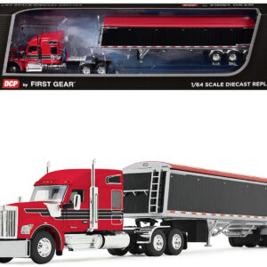 Kenworth W990 with 76" Mid-Roof Sleeper and Lode King Distinction Hopper Trailer Red and Black 1/64 Diecast Model by DCP/First Gear
