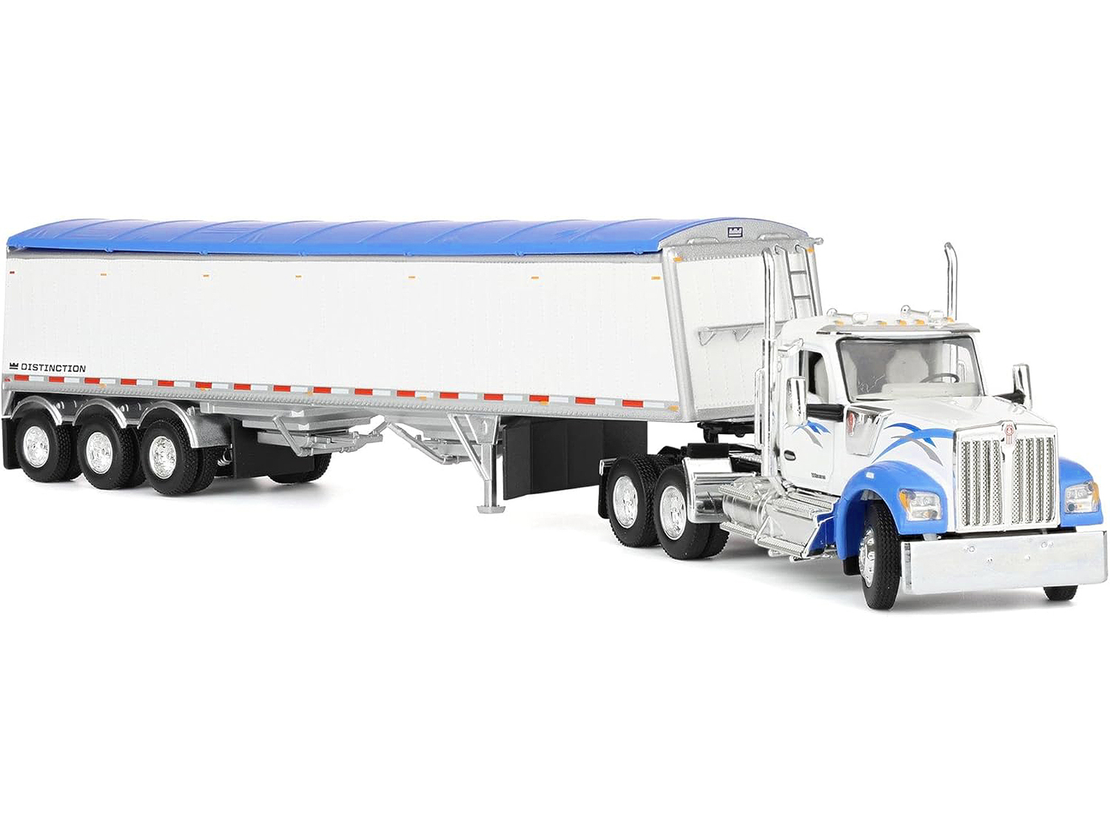 Kenworth W990 Day Cab and Lode King Distinction Hopper Trailer White and Blue 1/64 Diecast Model by DCP/First Gear - Image 4