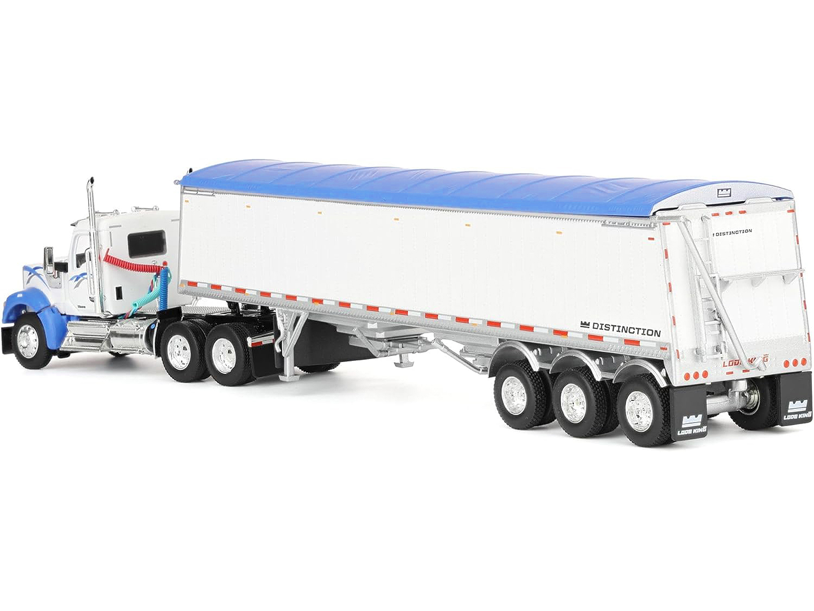 Kenworth W990 Day Cab and Lode King Distinction Hopper Trailer White and Blue 1/64 Diecast Model by DCP/First Gear - Image 3