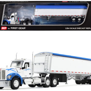 Kenworth W990 Day Cab and Lode King Distinction Hopper Trailer White and Blue 1/64 Diecast Model by DCP/First Gear