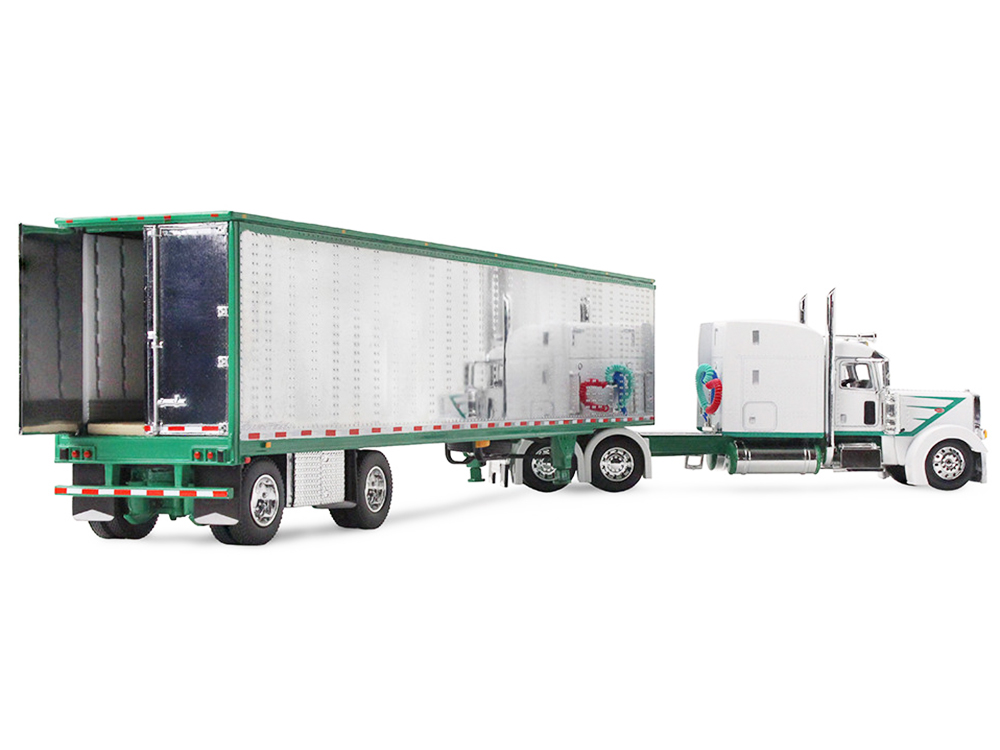 Peterbilt 389 with 63" Mid-Roof Sleeper and 53' Utility Trailer White with Green Stripes 1/64 Diecast Model by DCP/First Gear - Image 4