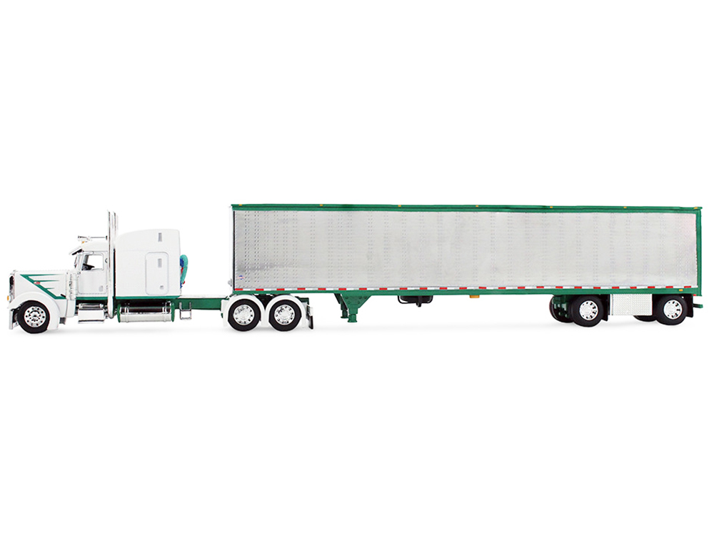 Peterbilt 389 with 63" Mid-Roof Sleeper and 53' Utility Trailer White with Green Stripes 1/64 Diecast Model by DCP/First Gear - Image 3