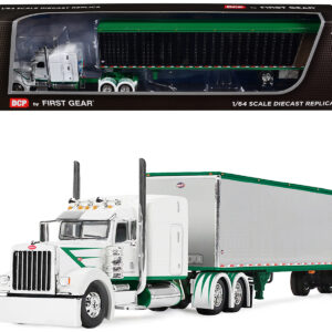 Peterbilt 389 with 63" Mid-Roof Sleeper and 53' Utility Trailer White with Green Stripes 1/64 Diecast Model by DCP/First Gear