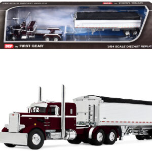 Peterbilt 351 with 36" Sleeper and 34' Wilson Pacesetter Grain Trailer Dark Cherry with White Stripes 1/64 Diecast Model by DCP/First Gear