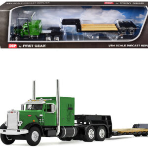 Peterbilt 351 with 60" Vintage Sleeper and Rogers Vintage Lowboy Trailer Green with Black Trailer 1/64 Diecast Model by DCP/First Gear