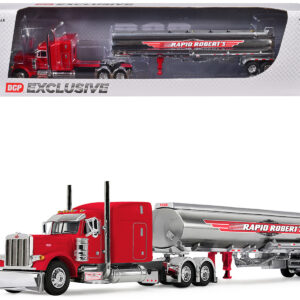 Peterbilt 379 with 63" Mid-Roof Sleeper and Heil Fuel Tank Trailer "Rapid Roberts" Red 1/64 Diecast Model by DCP/First Gear
