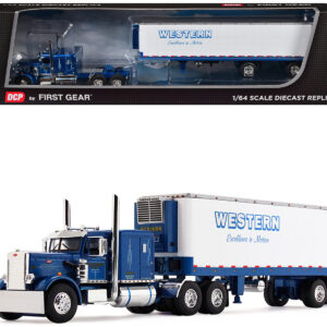 Peterbilt 351 with 63" Flat Top Sleeper and 40' Vintage Trailer with Reefer "Western Distributing" Blue Metallic and White 1/64 Diecast Model by DCP/First Gear