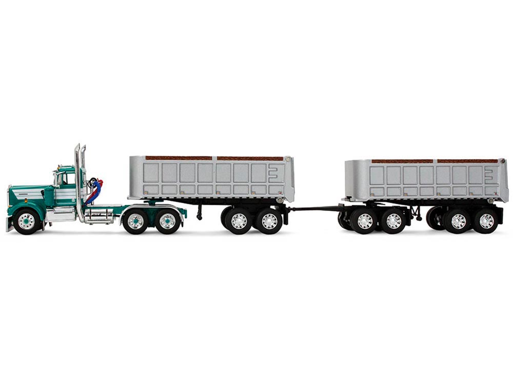 Kenworth W900A Day Cab with 22' Dual End Dump Trailers Turquoise with White Stripes 1/64 Diecast Model by DCP/First Gear - Image 3