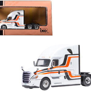 2018 Freightliner Cascadia Truck Tractor White with Black and Orange Stripes 1/64 Diecast Model by IXO Models