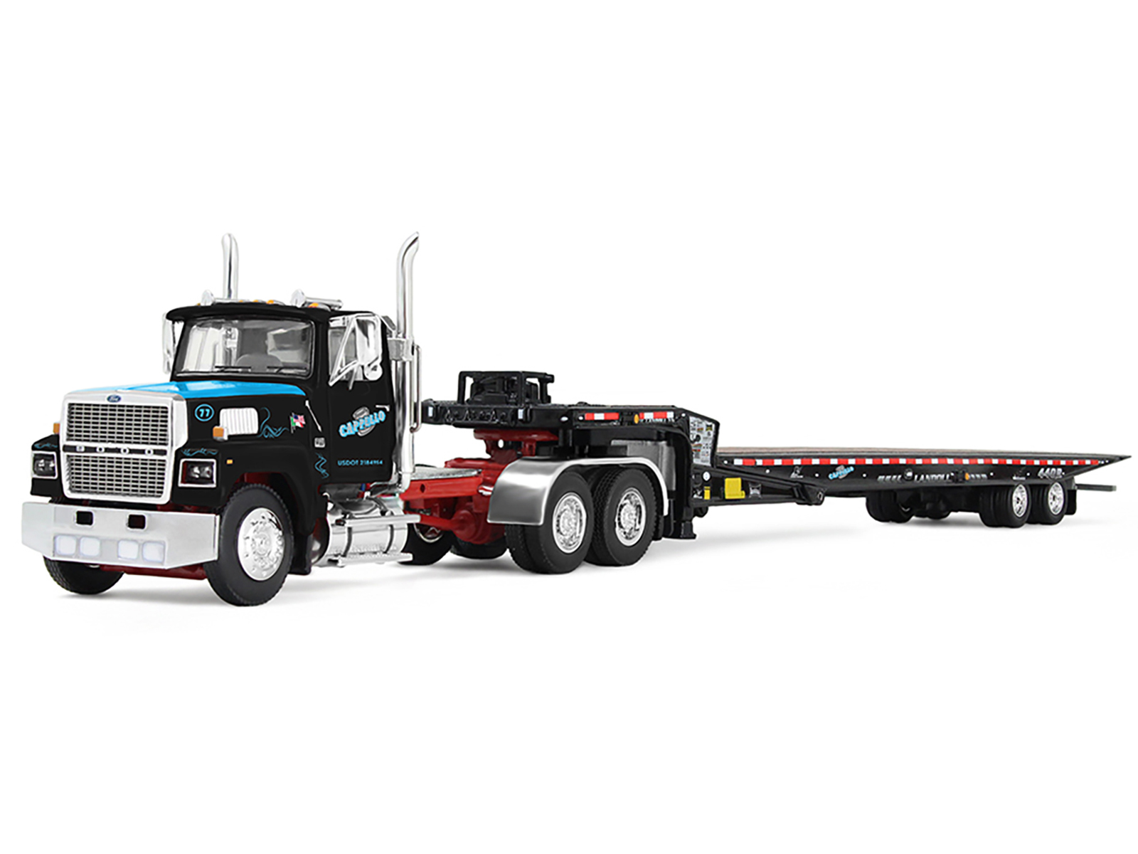 Ford LTL 9000 Day Cab and Landoll 440B-50CA Traveling Axle Trailer "Cappello Heavy Transport" Black with Blue Hood "Legacy" Series #3 1/64 Diecast Model by DCP/First Gear - Image 2