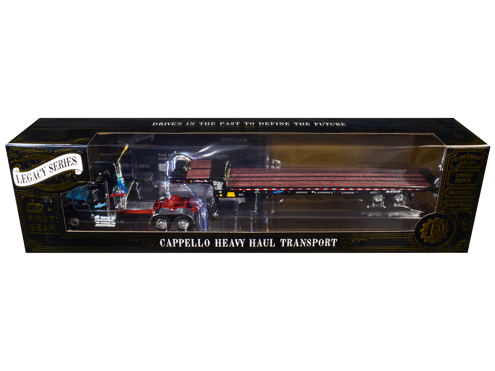 Ford LTL 9000 Day Cab and Landoll 440B-50CA Traveling Axle Trailer "Cappello Heavy Transport" Black with Blue Hood "Legacy" Series #3 1/64 Diecast Model by DCP/First Gear - Image 3