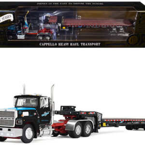 Ford LTL 9000 Day Cab and Landoll 440B-50CA Traveling Axle Trailer "Cappello Heavy Transport" Black with Blue Hood "Legacy" Series #3 1/64 Diecast Model by DCP/First Gear
