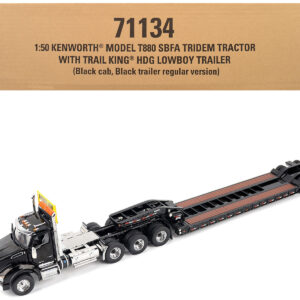 Kenworth T880 SBFA Tridem Truck with Trail King HDG Lowboy Trailer Black "Transport Series" 1/50 Diecast Model by Diecast Masters