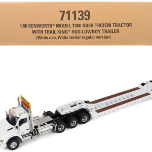 Kenworth T880 SBFA Tridem Truck with Trail King HDG Lowboy Trailer White "Transport Series" 1/50 Diecast Model by Diecast Masters
