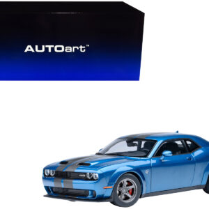 2023 Dodge Challenger SRT Super Stock Frostbite Blue Metallic with Carbon Stripes 1/18 Model Car by Autoart