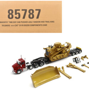 Kenworth T880 Day Cab Red and Trail King TK120 Lowboy Trailer with CAT Caterpillar D11R Dozer and Components Load "Transport Series" 1/50 Diecast Model by Diecast Masters