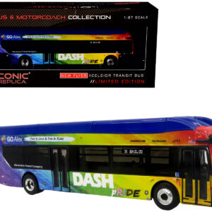 New Flyer Xcelsior XN40 Transit Bus "DASH Pride Livery" Blue with Rainbow Graphics "The Bus & Motorcoach Collection" Limited Edition 1/87 (HO) Diecast Model by Iconic Replicas