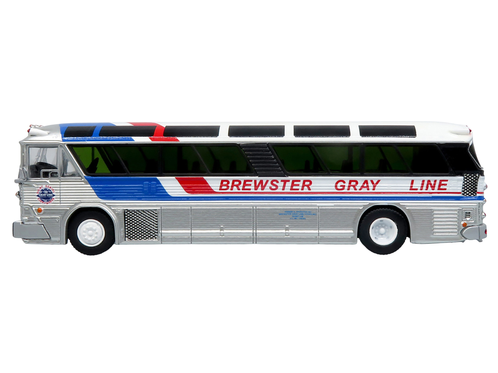 1964 MCI MC-5A Coach Bus "Brewster Gray Line" Silver with Blue and Red Stripes "Vintage Bus & Motorcoach Collection" Limited Edition to 504 pieces Worldwide 1/87 (HO) Diecast Model by Iconic Replicas - Image 2