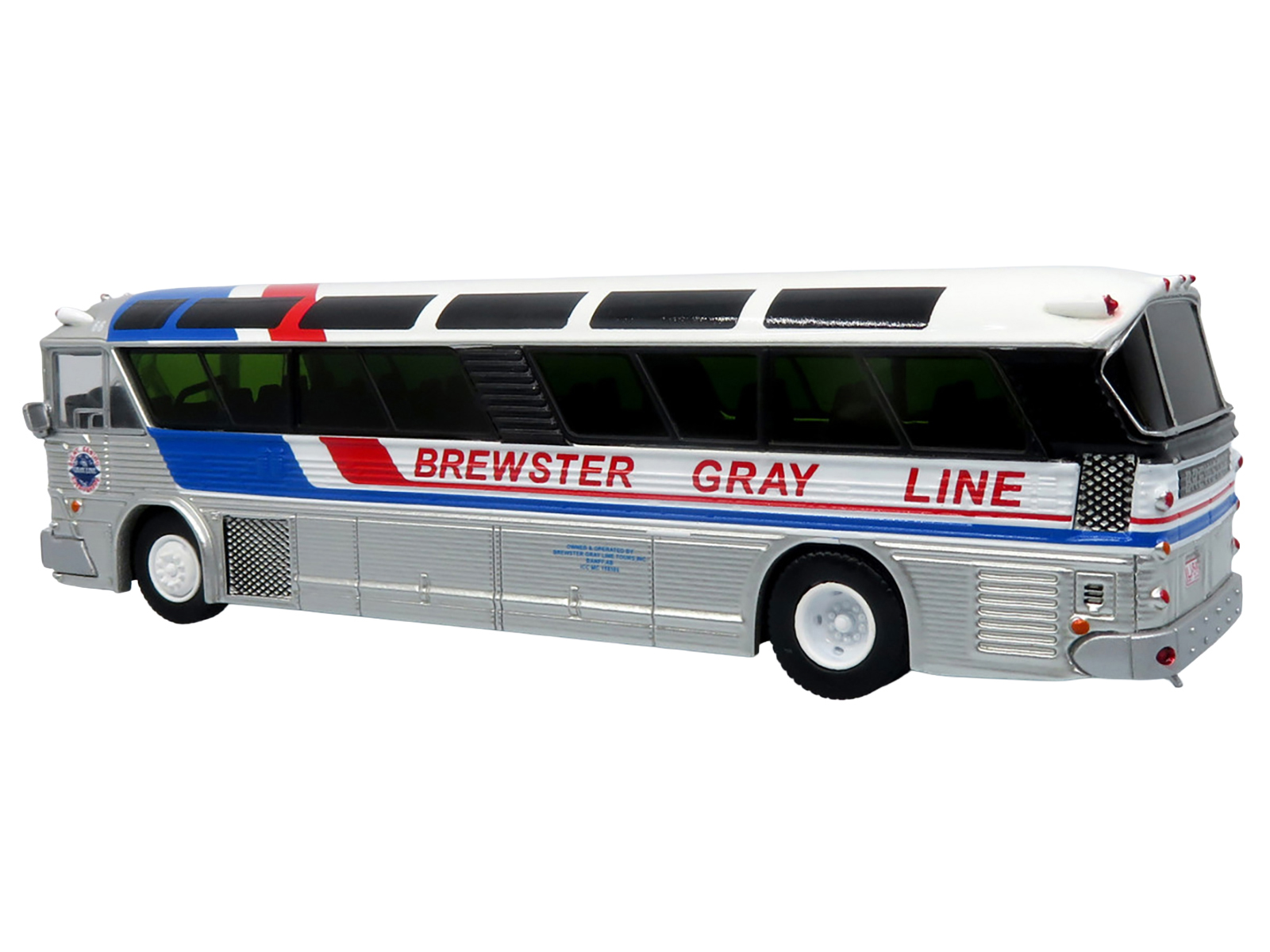 1964 MCI MC-5A Coach Bus "Brewster Gray Line" Silver with Blue and Red Stripes "Vintage Bus & Motorcoach Collection" Limited Edition to 504 pieces Worldwide 1/87 (HO) Diecast Model by Iconic Replicas - Image 3