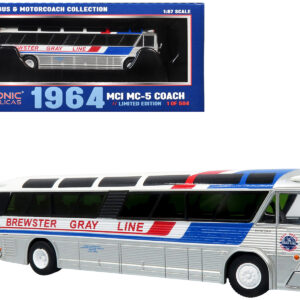 1964 MCI MC-5A Coach Bus "Brewster Gray Line" Silver with Blue and Red Stripes "Vintage Bus & Motorcoach Collection" Limited Edition to 504 pieces Worldwide 1/87 (HO) Diecast Model by Iconic Replicas