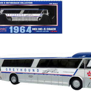 1964 MCI MC-5A Coach Bus "Greyhound Canada" White with Blue Stripes "Vintage Bus & Motorcoach Collection" Limited Edition to 504 pieces Worldwide 1/87 (HO) Diecast Model by Iconic Replicas