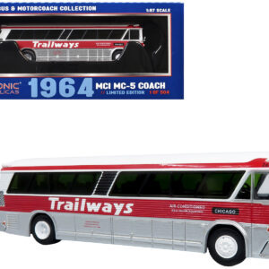 1964 MCI MC-5A Coach Bus "Trailways Chicago" White with Red Stripes "Vintage Bus & Motorcoach Collection" Limited Edition to 504 pieces Worldwide 1/87 (HO) Diecast Model by Iconic Replicas