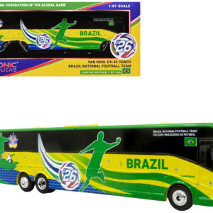Van Hool CX-45 Coach Bus "Brazil National Football Team" Yellow and Green with Graphics "International Federation of the Global Game" Series Limited Edition to 504 pieces Worldwide 1/87 (HO) Diecast Model by Iconic Replicas