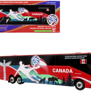 Prevost H3-45 Coach Bus "Canada National Soccer Team" Red with Graphics "International Federation of the Global Game" Series Limited Edition to 504 pieces Worldwide 1/87 (HO) Diecast Model by Iconic Replicas