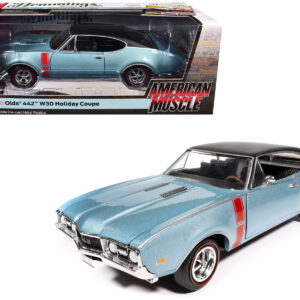 1968 Oldsmobile 442 W30 Holiday Coupe Teal Frost Metallic with Red Stripes and Black Vinyl Top "Hemmings Motor News July 2023 Cover Car" "American Muscle" Series 1/18 Diecast Model Car by Auto World