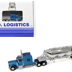 Peterbilt 389 Truck Tractor with Sleeper Cab Blue Metallic and Pneumatic Tank Trailer Chrome Combo Set 1/87 (HO) Plastic Model Car by HO Logistics