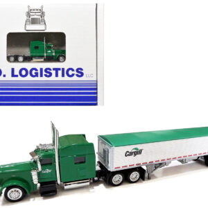 Peterbilt 389 Truck Tractor with Sleeper Cab "Cargill" Green and Covered Grain Trailer White with Green Tarp Combo Set 1/87 (HO) Plastic Model Car by HO Logistics
