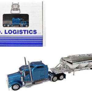 Kenworth W900L Truck Tractor with Sleeper Cab Blue Metallic and Pneumatic Tank Trailer Combo Set 1/87(HO) Plastic Model Car by HO Logistics