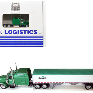 Kenworth W900L Truck Tractor with Sleeper Cab "Cargill" Green and Covered Grain Trailer White with Green Tarp Combo Set 1/87 (HO) Plastic Model Car by HO Logistics