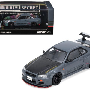 Nissan Skyline GT-R (R34) "Top Secret" RHD (Right Hand Drive) Stealth Gray with Carbon Hood "GTSHOW 2025 Event Edition" 1/64 Diecast Model Car by Inno Models