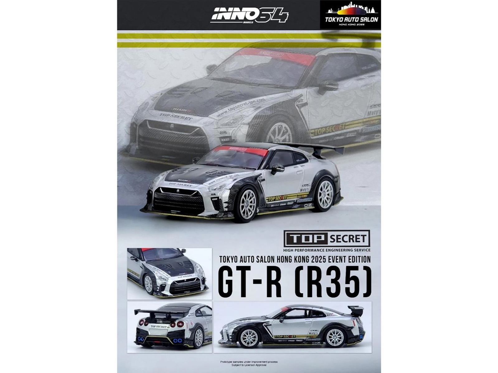 Nissan GT-R (R35) Top Secret RHD (Right Hand Drive) Silver Metallic with Carbon Hood and Top "Tokyo Auto Salon Hong Kong 2025 Event Edition" 1/64 Diecast Model Car by Inno Models - Image 5