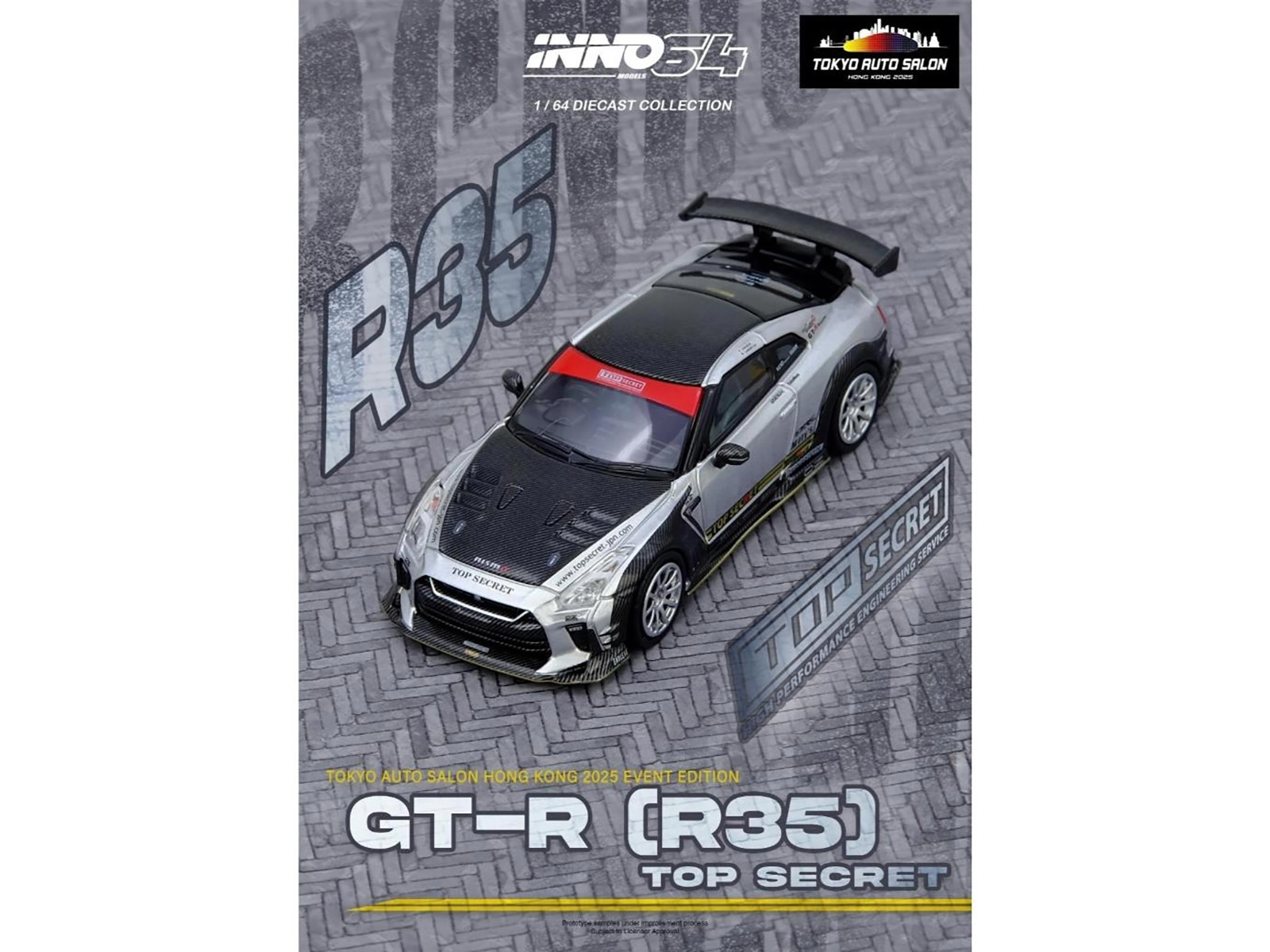Nissan GT-R (R35) Top Secret RHD (Right Hand Drive) Silver Metallic with Carbon Hood and Top "Tokyo Auto Salon Hong Kong 2025 Event Edition" 1/64 Diecast Model Car by Inno Models - Image 4