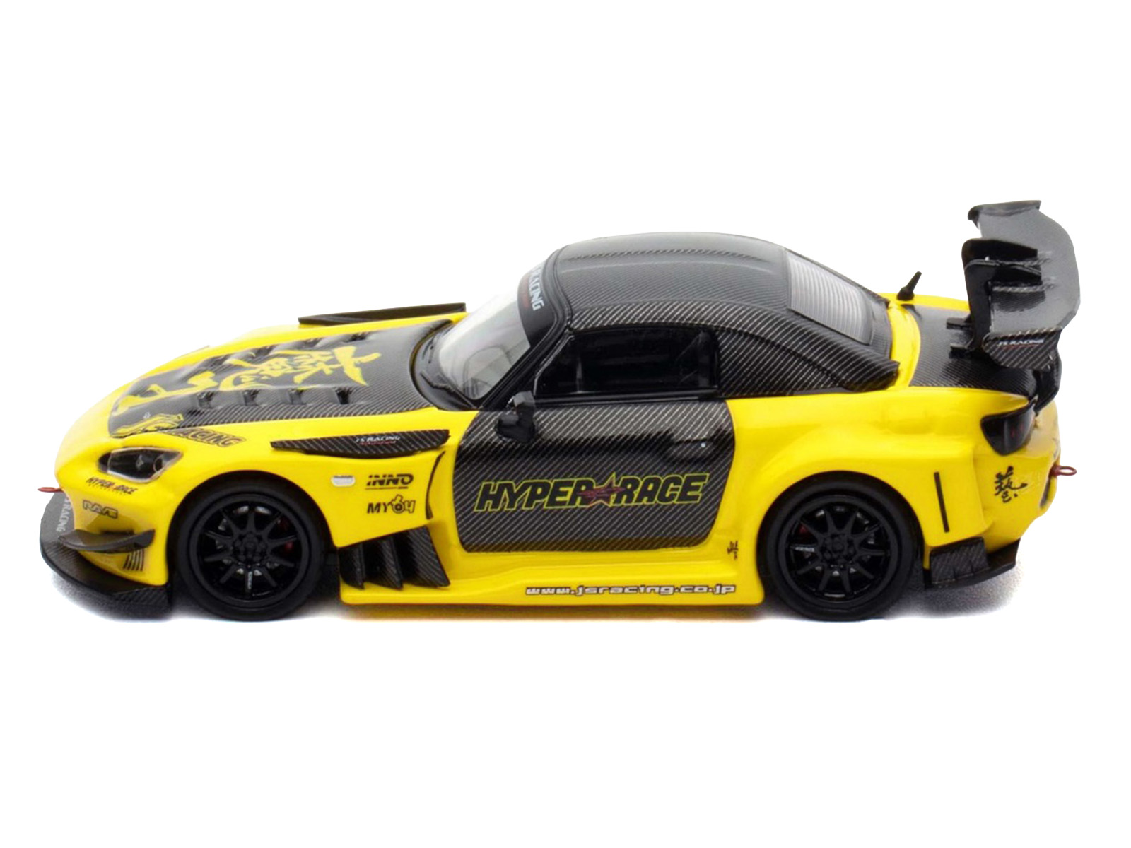 Honda S2000 RHD (Right Hand Drive) "J's Racing" Yellow with Carbon Hood and Top with Graphics "Tokyo Auto Salon Kuala Lumpur 2025 Event Edition" 1/64 Diecast Model Car by Inno Models - Image 2