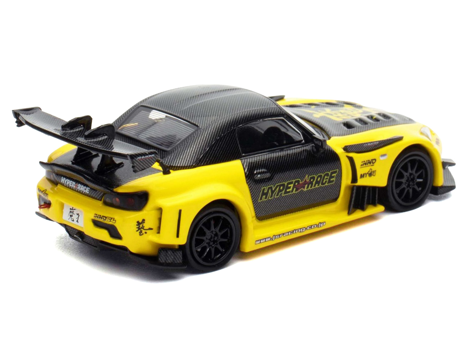 Honda S2000 RHD (Right Hand Drive) "J's Racing" Yellow with Carbon Hood and Top with Graphics "Tokyo Auto Salon Kuala Lumpur 2025 Event Edition" 1/64 Diecast Model Car by Inno Models - Image 3