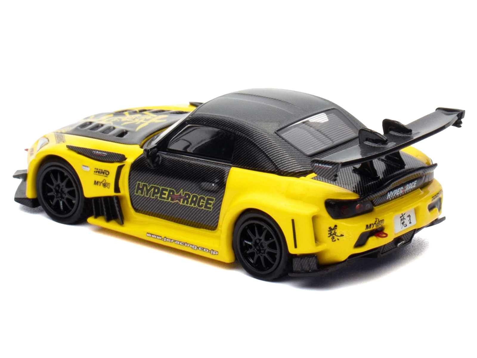 Honda S2000 RHD (Right Hand Drive) "J's Racing" Yellow with Carbon Hood and Top with Graphics "Tokyo Auto Salon Kuala Lumpur 2025 Event Edition" 1/64 Diecast Model Car by Inno Models - Image 4
