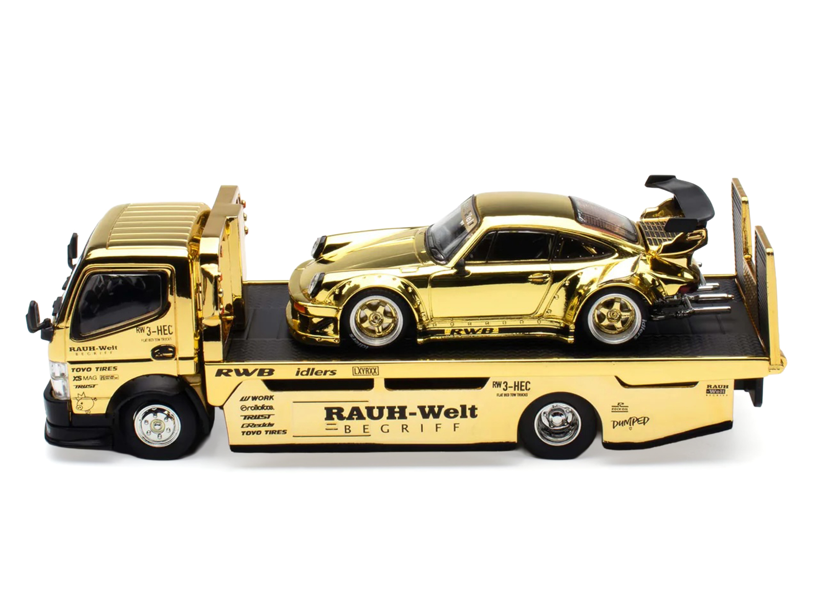 Nissan Pandem Fuso-300 Flatbed Truck RHD (Right Hand Drive) Gold Chrome and RWB 930 Gold Chrome with Graphics 2 Car Box Set "Hobby Expo China 2026" 1/64 Diecast Model Car by Pop Race - Image 2
