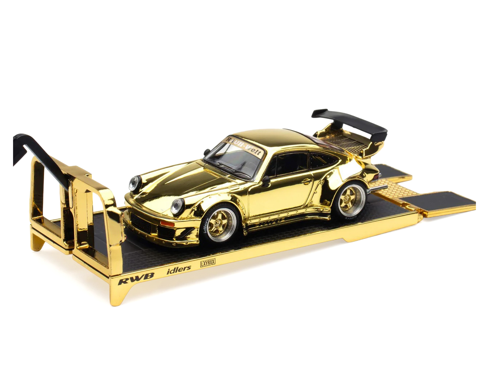 Nissan Pandem Fuso-300 Flatbed Truck RHD (Right Hand Drive) Gold Chrome and RWB 930 Gold Chrome with Graphics 2 Car Box Set "Hobby Expo China 2026" 1/64 Diecast Model Car by Pop Race - Image 3