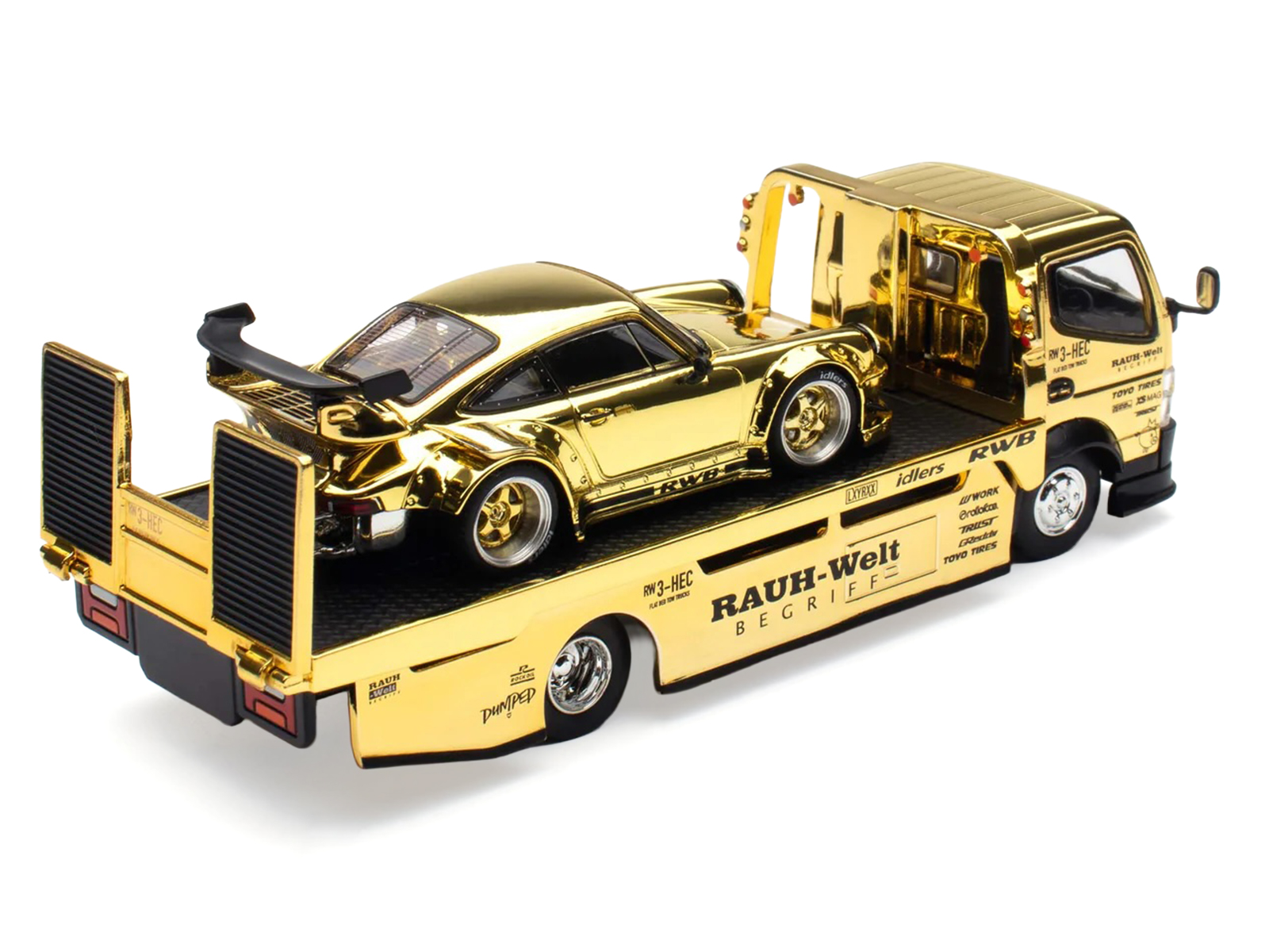 Nissan Pandem Fuso-300 Flatbed Truck RHD (Right Hand Drive) Gold Chrome and RWB 930 Gold Chrome with Graphics 2 Car Box Set "Hobby Expo China 2026" 1/64 Diecast Model Car by Pop Race - Image 4