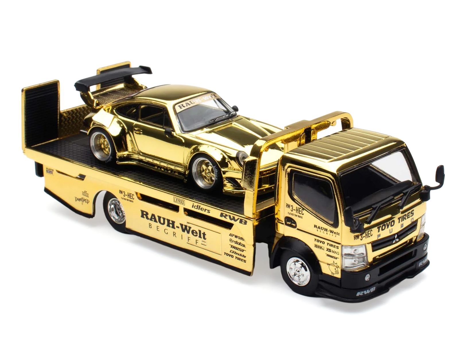 Nissan Pandem Fuso-300 Flatbed Truck RHD (Right Hand Drive) Gold Chrome and RWB 930 Gold Chrome with Graphics 2 Car Box Set "Hobby Expo China 2026" 1/64 Diecast Model Car by Pop Race - Image 5